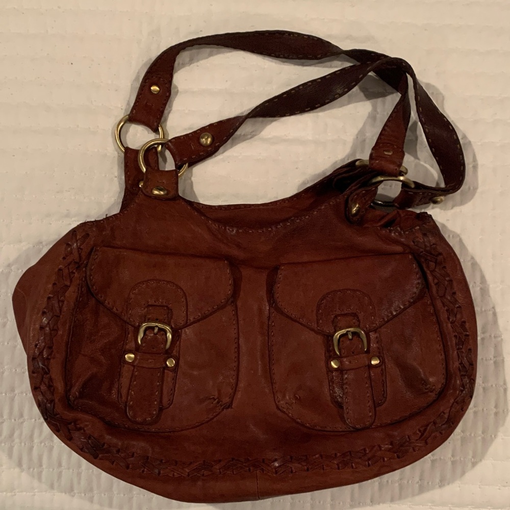 Carla Mancini Distressed Brown Leather Shoulder Bag With Woven Detail and Brass
